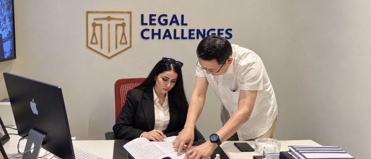 Our lawyer reviewing documents with a Chinese partner at the Legal Challenges office in Baghdad